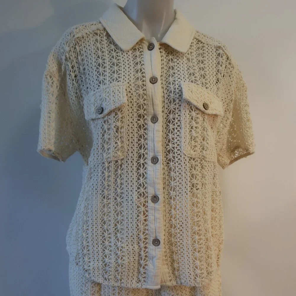 Women Benaar LA Jeiley Cream 2Pc Set Crochet Gauzy Contrast Collared Top Short M - Picture 6 of 13